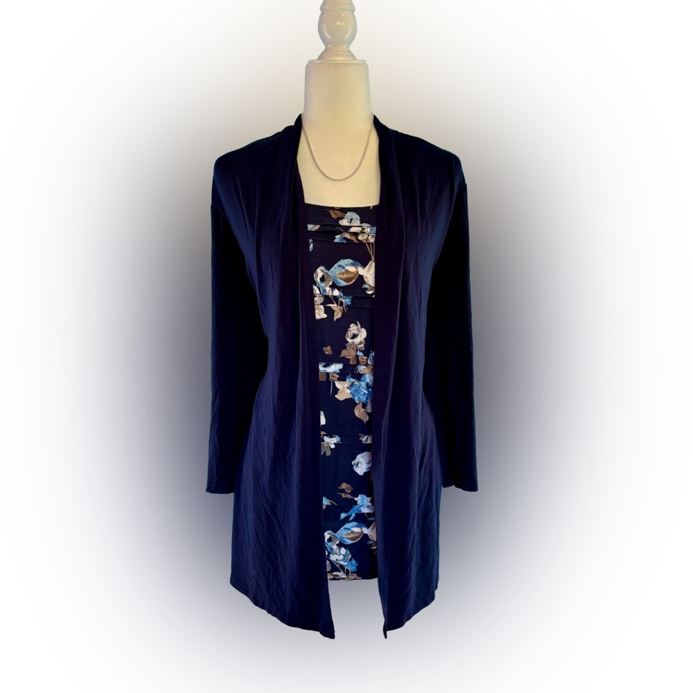Croft & Barrow Navy & Light Blue Fall Floral Faux-Layered Long SleeveTop Size 3X